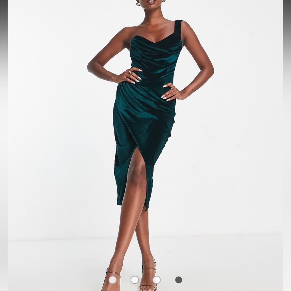 ASOS DESIGN one shoulder velvet drape corset detail midi dress in bottle green